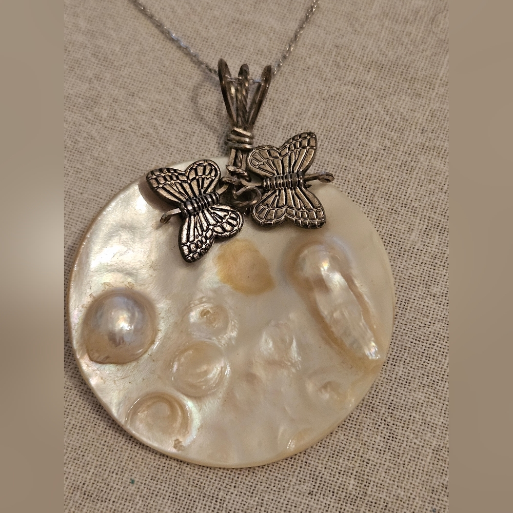 Mother of Pearl and Sterling Silver Necklace with accent Butterflies